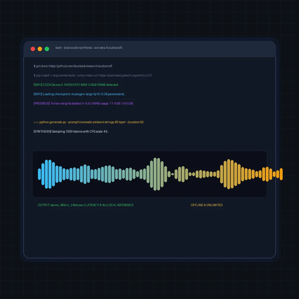 Developer workstation terminal running local audio diffusion models with neural network waveform visualization