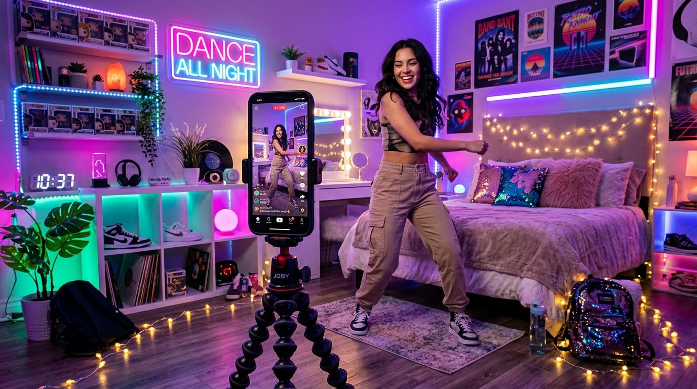 A vibrant, neon-lit bedroom setup with a smartphone on a tripod recording a TikTok dance